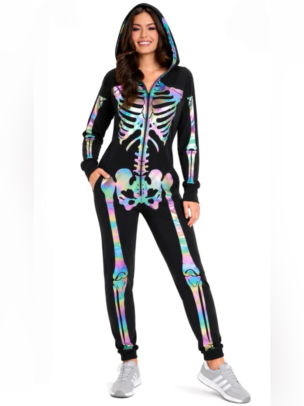 Tipsy Elves Black Hooded Skeleton Jumpsuit w/Holographic Graphics, Size: L, NWT